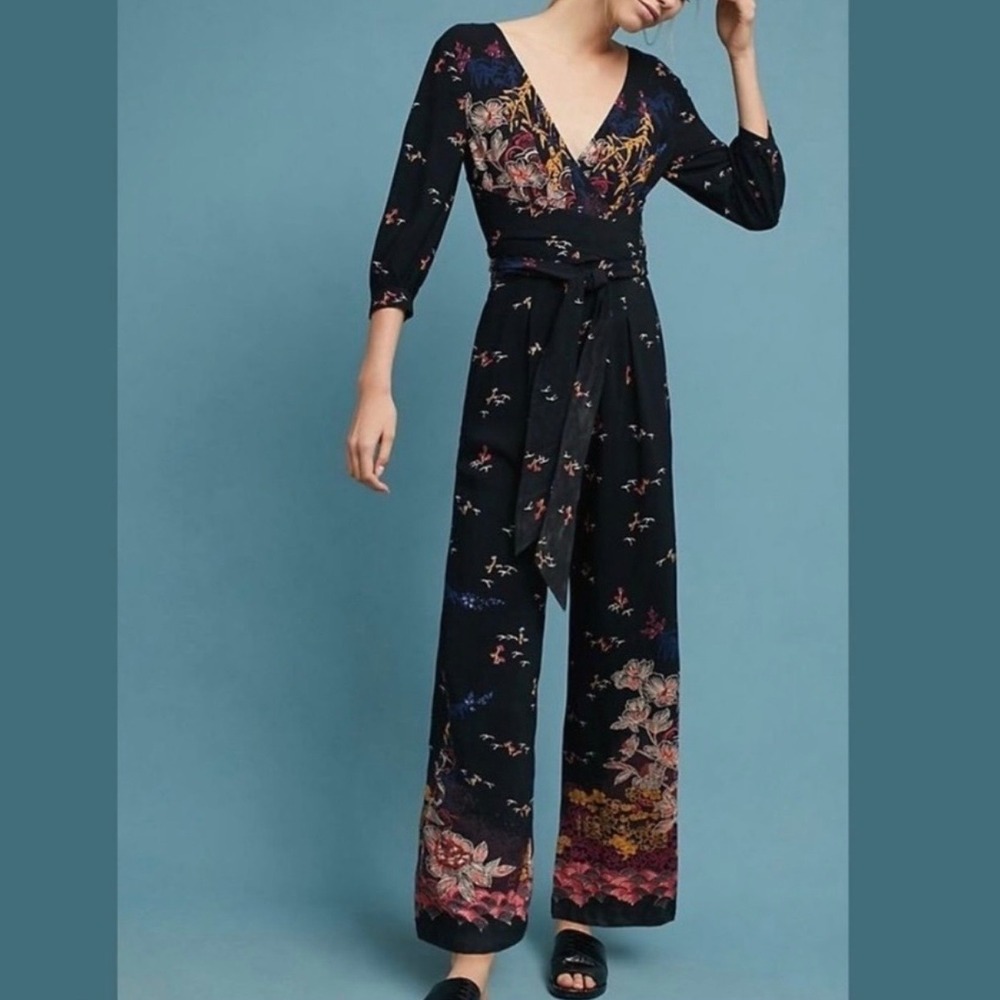 Feather Bone Anthropologie Black Floral Nara Jumpsuit 2